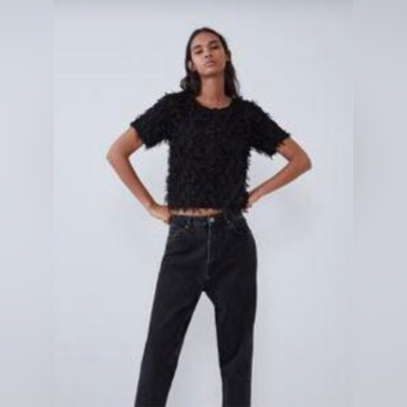 Zara Tops - ZARA Women's Black Fringe Textured Short Sleeve Cropped Blouse Top Size L